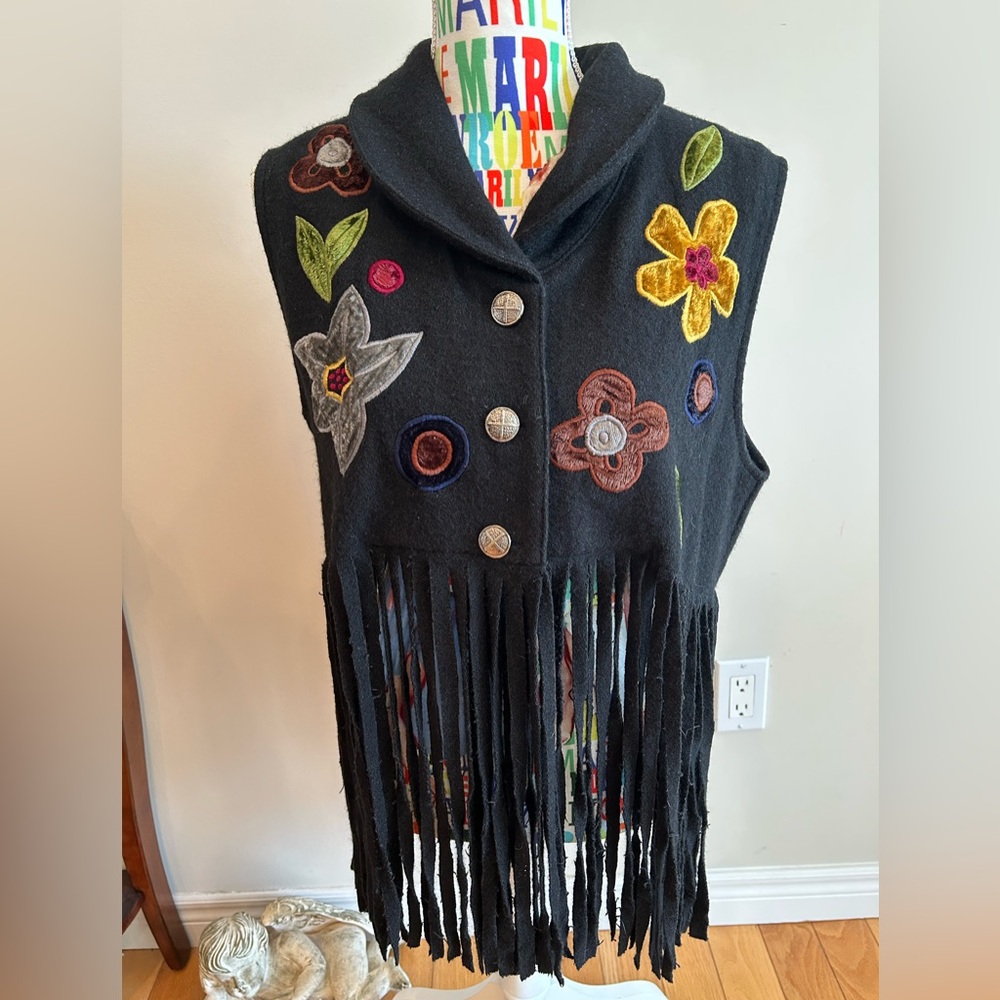 Le Chateau Black Fringe Floral Embroidered Vest